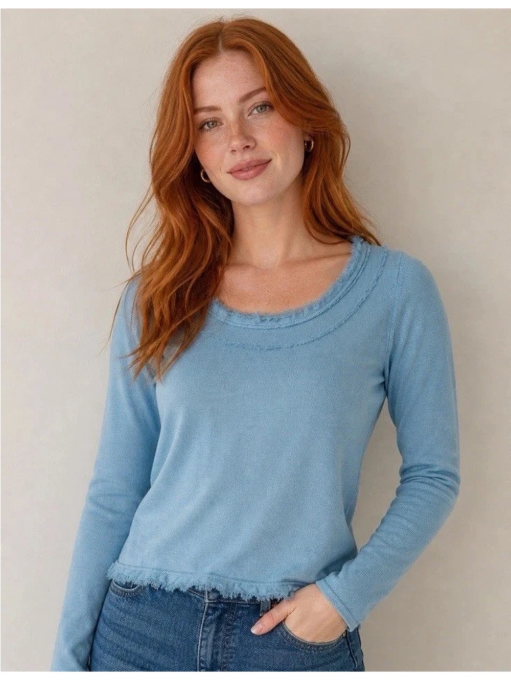 Antonio Melani S Pale Blue Sweater Silk Cotton Fray Ruffle Hem Classic Elegant